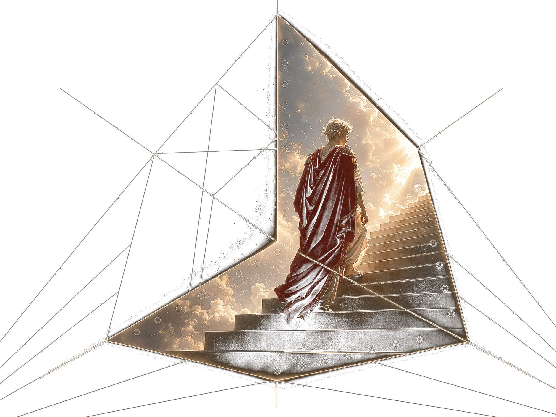 A figure in a red toga climbing a stone staircase toward light, framed by fine geometric guide lines